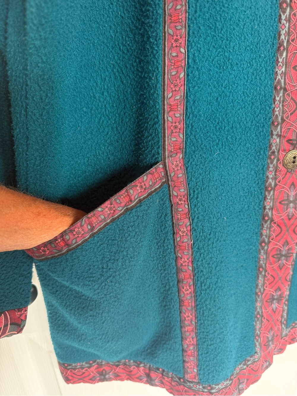 Teal Fleece Jacket with Red Trim - Women's Cozy Coat - Picture 3 of 8